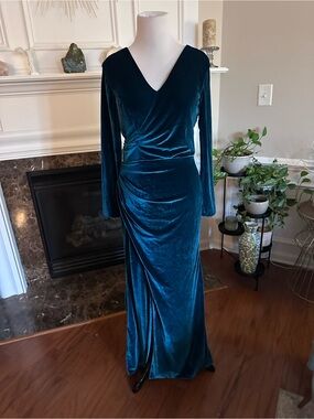 Velvet Teal Long Sleeve V-Neck Evening Dress Sz 8